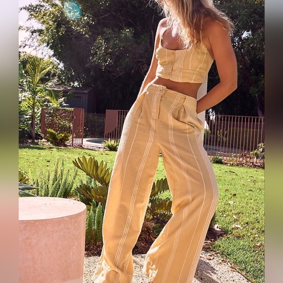 Free People Casual Friday yellow smocked crop top and pants set size small new - Picture 2 of 16